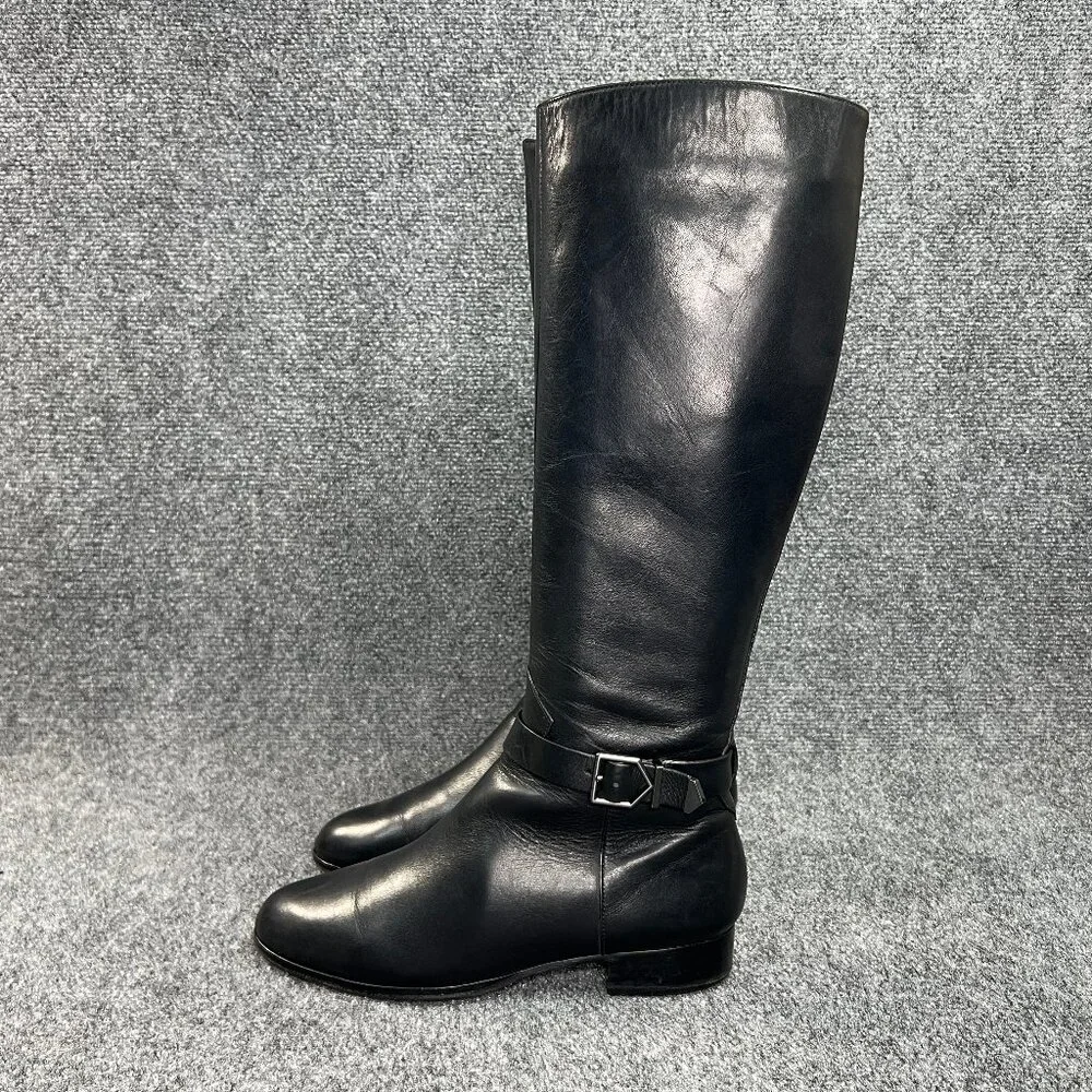Via Spiga Tall Riding Boots Women's Size 7.5 Black Leather Buckle Knee High Boot